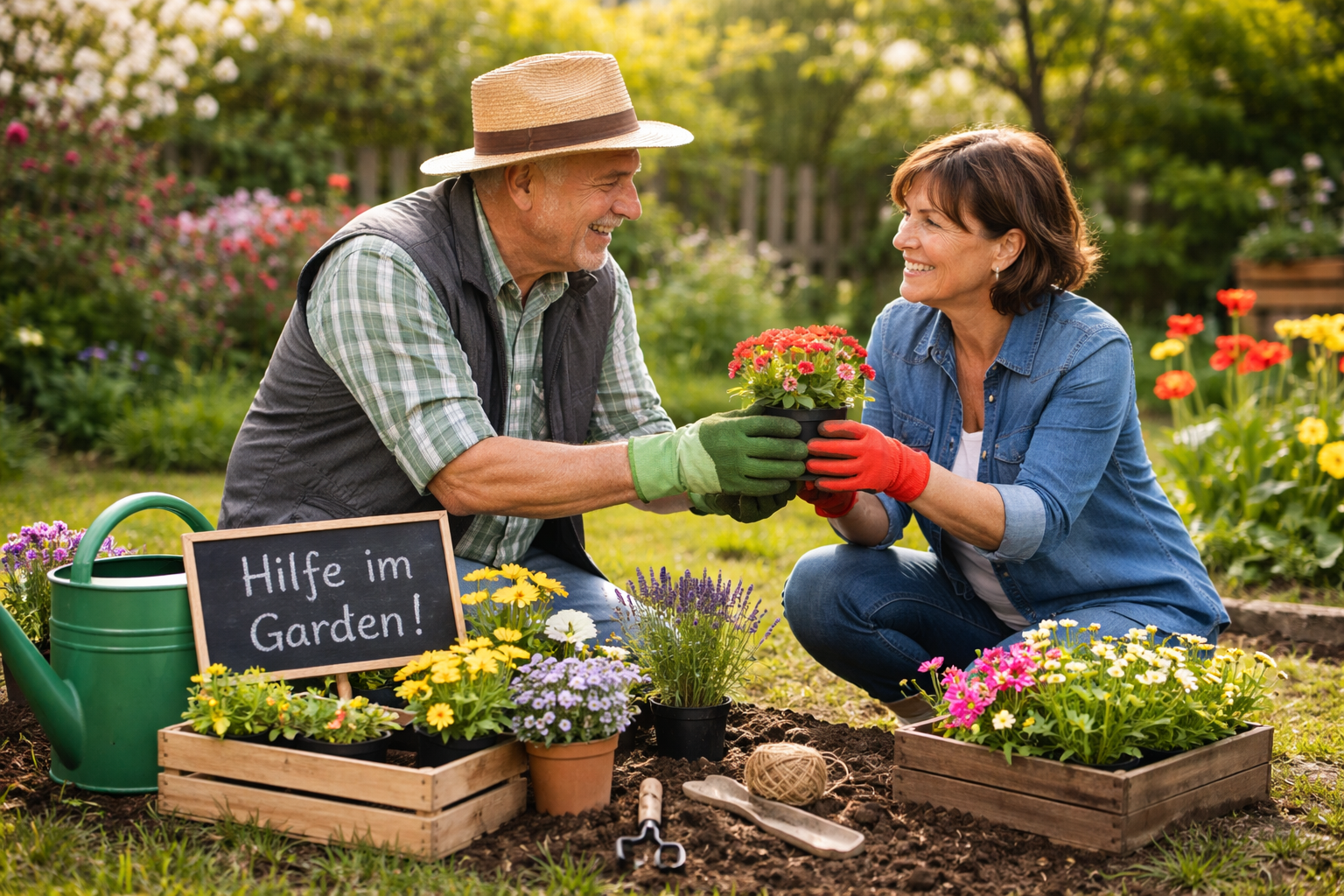 Zwei Personen pflanzen im Frühling gemeinsam Blumen in einem Garten