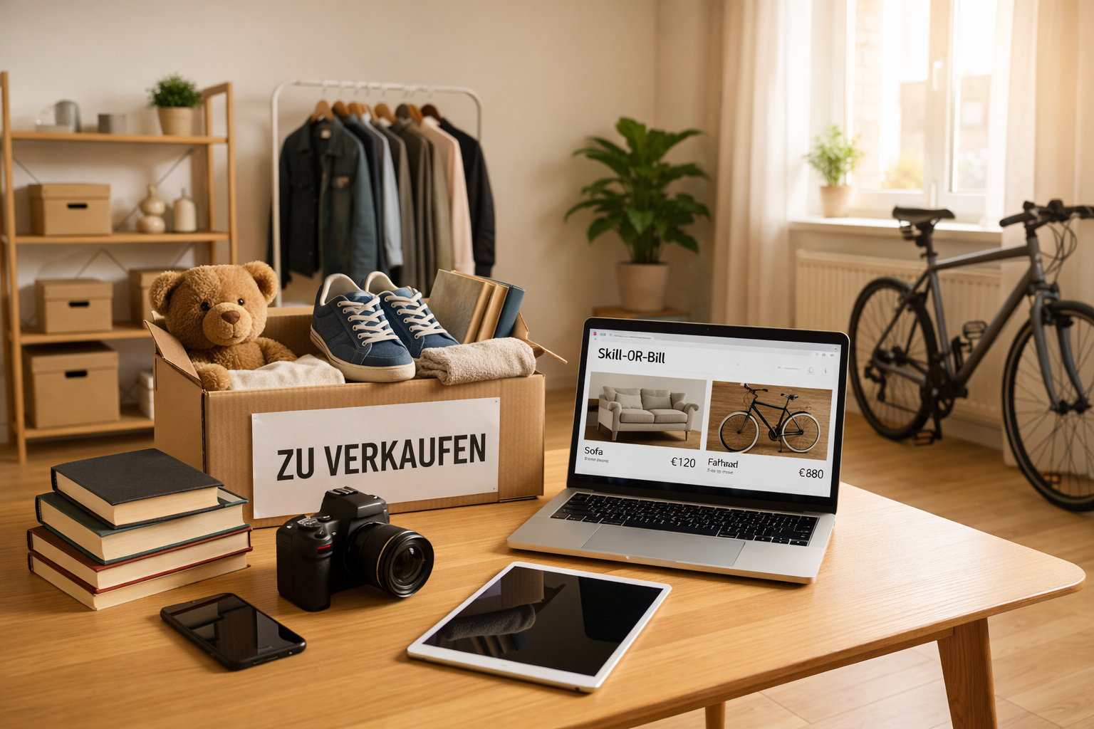 Gebrauchte Gegenstände ordentlich auf einem Tisch zum Verkauf arrangiert