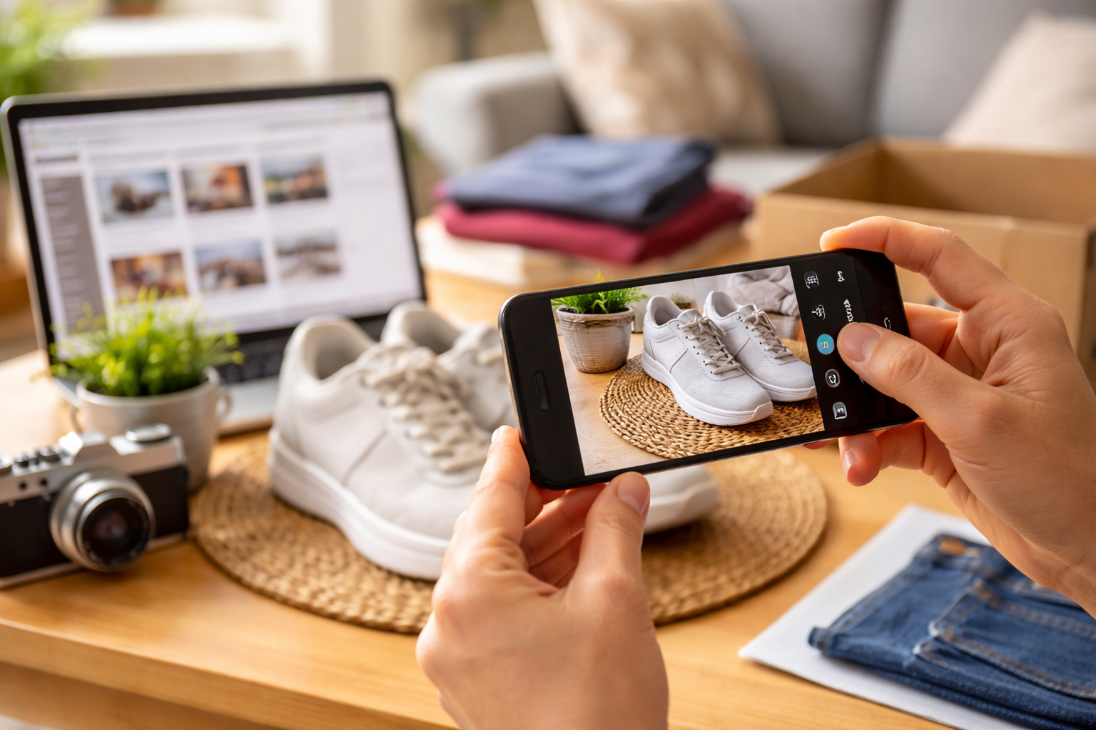 Smartphone fotografiert ein Produkt für ein Inserat auf einem Tisch