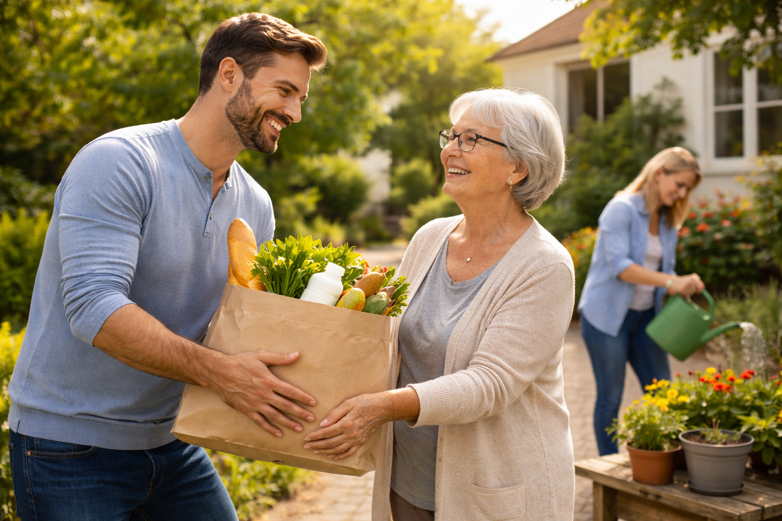 Junger Mann hilft einer älteren Frau mit einem Einkauf in der Nachbarschaft