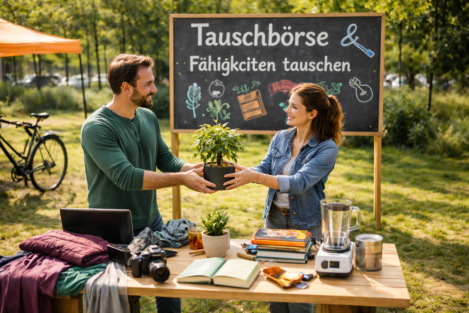 Zwei Personen tauschen Gegenstände an einem Tisch bei einer Tauschbörse im Freien